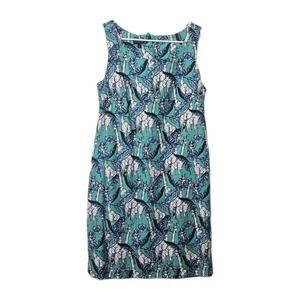 Talbots Teal Blue Green Giraffe Print Shift Stretch Dress Size 8 Cotton Zip Back